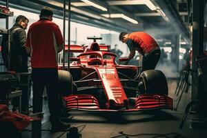 formule un courses voiture dans garage. génératif ai photo