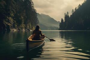 femme est voile sur bateau sur Lac dans magnifique Montagne paysage. génératif ai photo