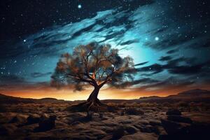 solitaire séché arbre dans désert paysage à étoilé nuit. génératif ai photo