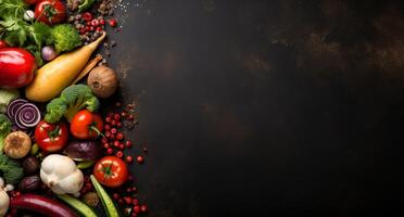 des légumes ensemble et épices pour cuisine sur foncé Contexte. ai généré photo