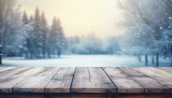 vide en bois table dans de face de hiver paysage flou fond.ai généré photo