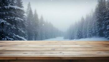 vide en bois table dans de face de hiver paysage flou fond.ai généré photo