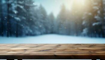 vide en bois table dans de face de hiver paysage flou fond.ai généré photo