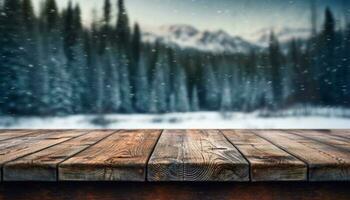 vide en bois table dans de face de hiver paysage flou fond.ai généré photo