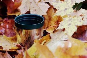 tasse en acier inoxydable thermos vert dans les feuilles d'automne photo