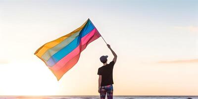 garçon agitant arc en ciel drapeau. concept de lgbt fierté. ai généré photo