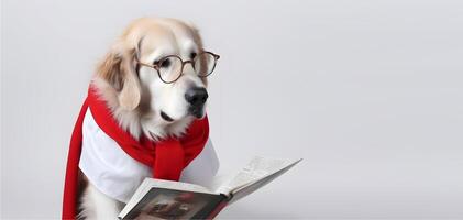 mignonne animal de compagnie chien avec lunettes et ouvert livre. ai généré. photo