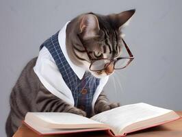 mignonne animal de compagnie chat avec lunettes et ouvert livre. ai généré. photo