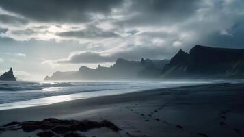 le coucher du soleil sur le plage de Islande génératif ai, ai généré photo