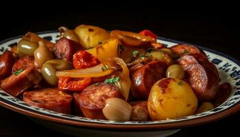 grillé Viande et des légumes sur une plaque, une gourmet repas généré par ai photo