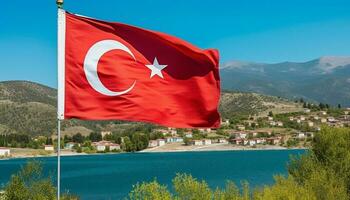 turc drapeau agitant majestueusement plus de panoramique Montagne intervalle paysage généré par ai photo