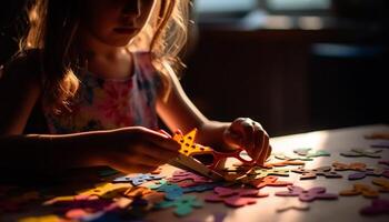 caucasien fille en jouant puzzle, profiter enfance la créativité généré par ai photo