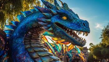 majestueux dragon sculpture dans la nature multi coloré forêt généré par ai photo
