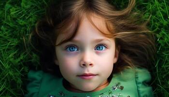 mignonne fille mensonge dans vert Prairie souriant généré par ai photo