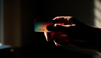 Humain main en portant crédit carte pour achats généré par ai photo