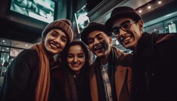 Jeune adultes embrasser, souriant dans chaud hiver casquette généré par ai photo