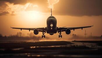 silhouette de commercial avion prise de à crépuscule généré par ai photo