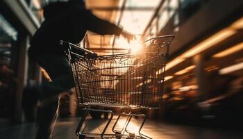 un la personne achat les courses dans moderne supermarché généré par ai photo