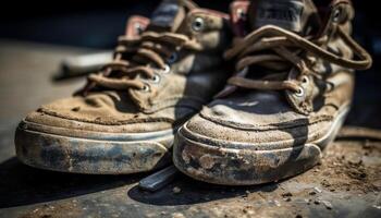 vieux cuir des sports chaussure, défait lacet, sale généré par ai photo