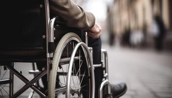 paraplégique patient séance dans fauteuil roulant, recevoir se soucier généré par ai photo