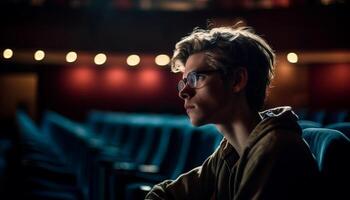 Jeune homme dans lunettes en train de regarder film à l'intérieur généré par ai photo