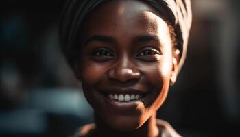 Jeune africain femme souriant avec confiance en plein air généré par ai photo