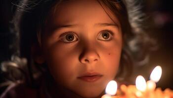 mignonne caucasien fille souriant à bougie flamme généré par ai photo