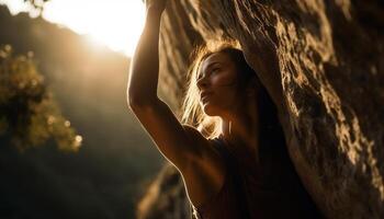 Jeune femme jouit Extérieur aventure dans la nature généré par ai photo