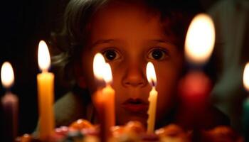 un mignonne enfant enflammer bougie pour fête généré par ai photo