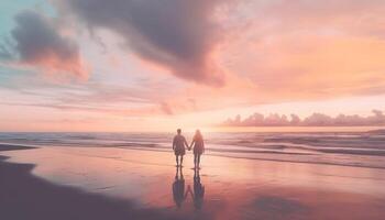 deux gens en portant mains, en marchant sur plage généré par ai photo