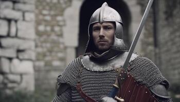 médiéval Chevalier dans armure manie épée bravement généré par ai photo