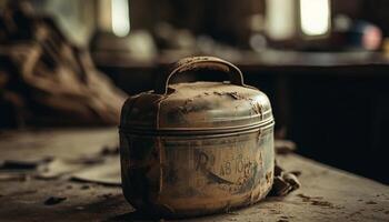 rustique poterie pot sur vieux en bois table généré par ai photo