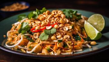 Frais Fruit de mer salade avec en bonne santé légume Pâtes généré par ai photo