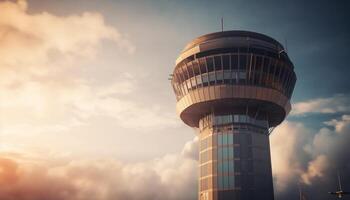 en volant haut, moderne Voyage architecture reflète le coucher du soleil généré par ai photo