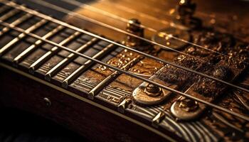 antique acoustique guitare sur en bois tableau, en jouant classique généré par ai photo