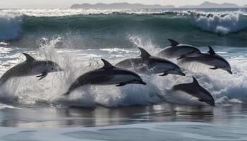 petit groupe de espiègle dauphins sauter dans vagues généré par ai photo