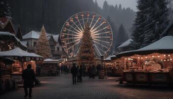Noël marché illuminé, neige couvert arbre brille brillant généré par ai photo