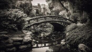 ancien pont arches plus de tranquille forêt étang généré par ai photo