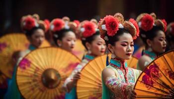 Jeune femmes dans multi coloré Robes Danse joyeusement généré par ai photo