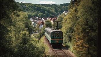 vieux façonné câble voiture voyages par forêt paysage généré par ai photo