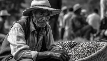 Sénior agriculteur dans traditionnel chapeau récolte fruit en plein air généré par ai photo