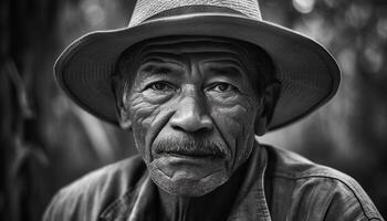 vieux agriculteur dans paille chapeau regards sérieux généré par ai photo