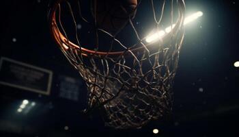 Hommes en jouant basketball en dessous de illuminé nuit éclairage équipement généré par ai photo