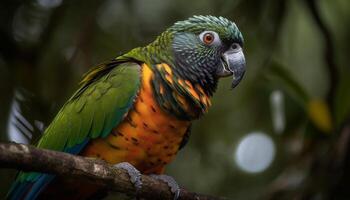 vibrant ara se percher sur branche dans forêt tropicale généré par ai photo