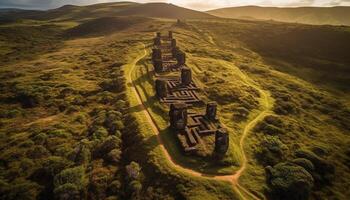 majestueux Montagne gamme, vieux ruines, et le coucher du soleil généré par ai photo