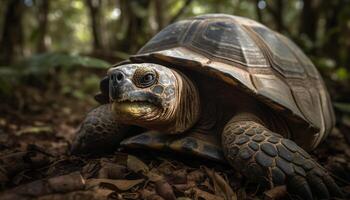 lent tortue rampant dans tropical forêt tropicale feuillage généré par ai photo