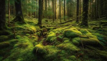 tranquille sentier pistes par mystérieux forêt croissance généré par ai photo
