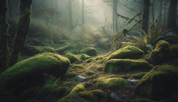 mystérieux forêt, effrayant brouillard, tranquille scène, Naturel beauté généré par ai photo
