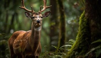 cornu cerf broute dans luxuriant vert Prairie généré par ai photo