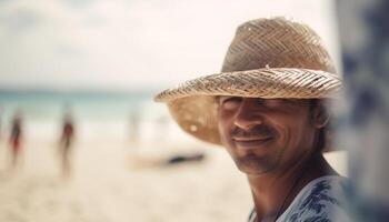 souriant homme dans paille chapeau jouit vacances génératif ai photo